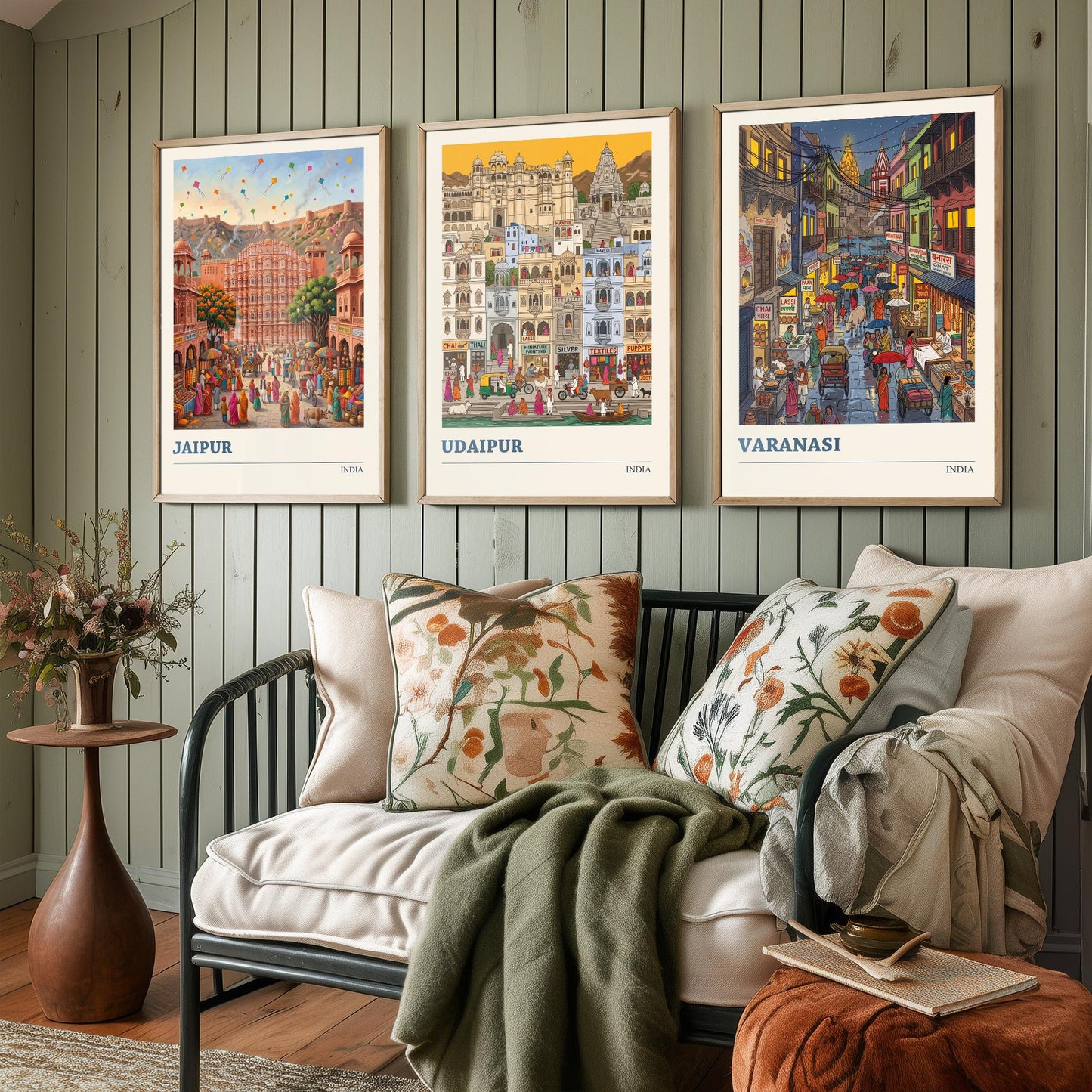 India Set of Three Art Prints - Jaipur, Udaipur, Varanasi - 3 Colourful Folk Illustration Travel Posters - Indian City Painting