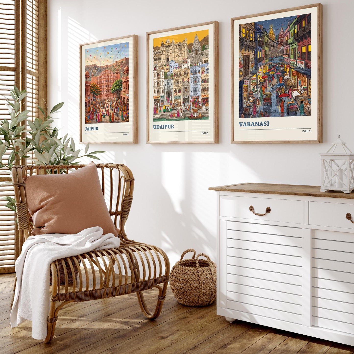 India Set of Three Art Prints - Jaipur, Udaipur, Varanasi - 3 Colourful Folk Illustration Travel Posters - Indian City Painting