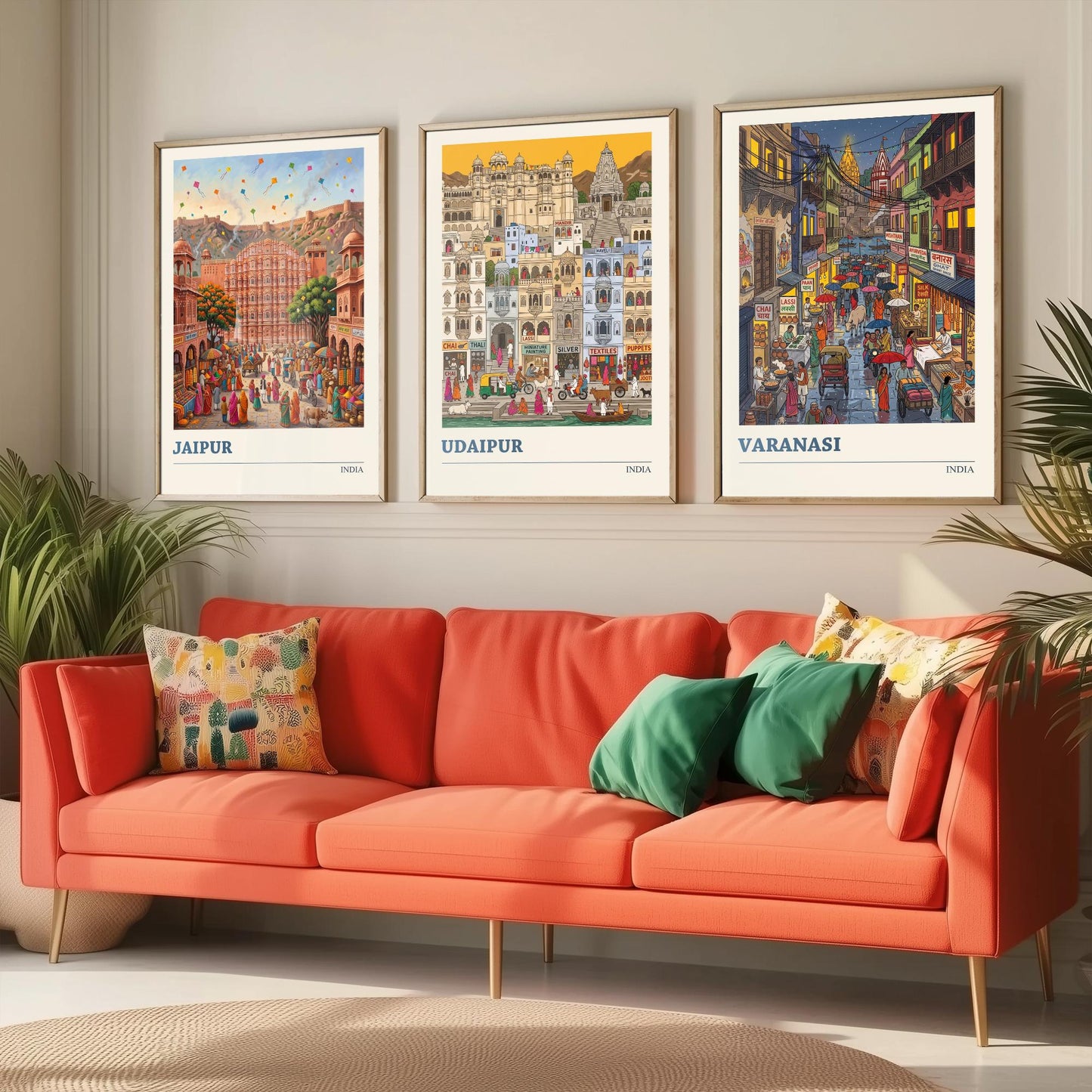 India Set of Three Art Prints - Jaipur, Udaipur, Varanasi - 3 Colourful Folk Illustration Travel Posters - Indian City Painting
