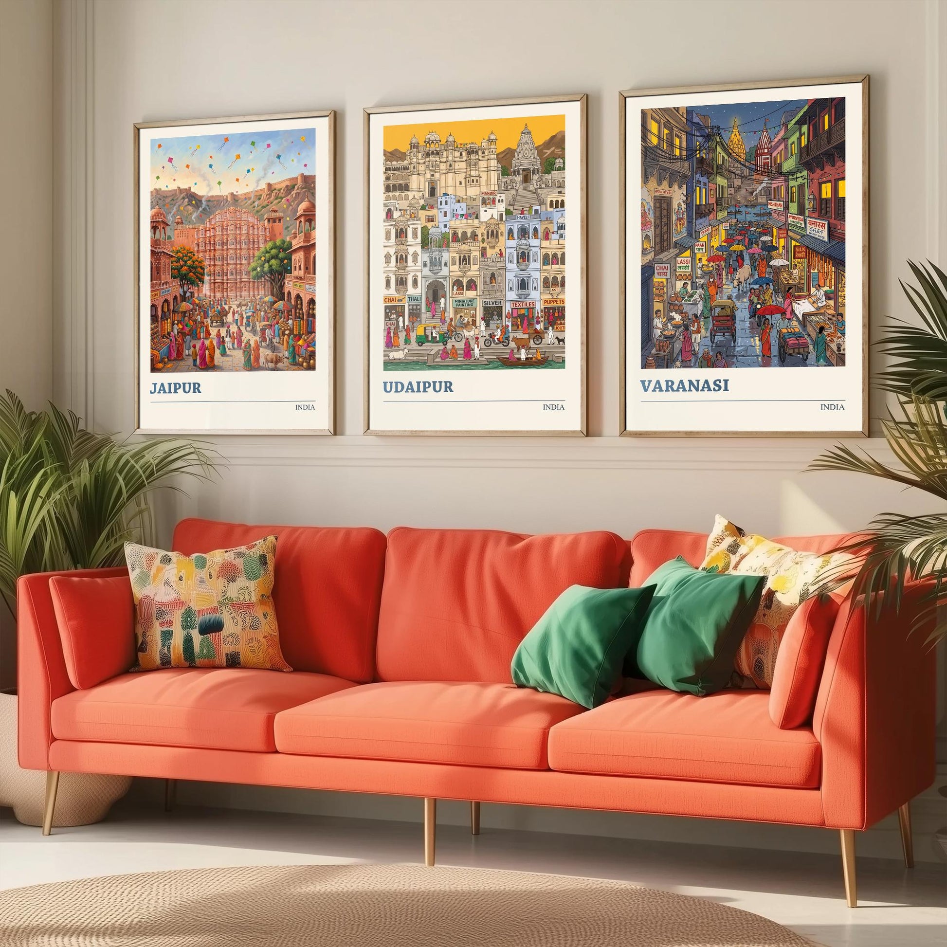 India Set of Three Art Prints - Jaipur, Udaipur, Varanasi - 3 Colourful Folk Illustration Travel Posters - Indian City Painting