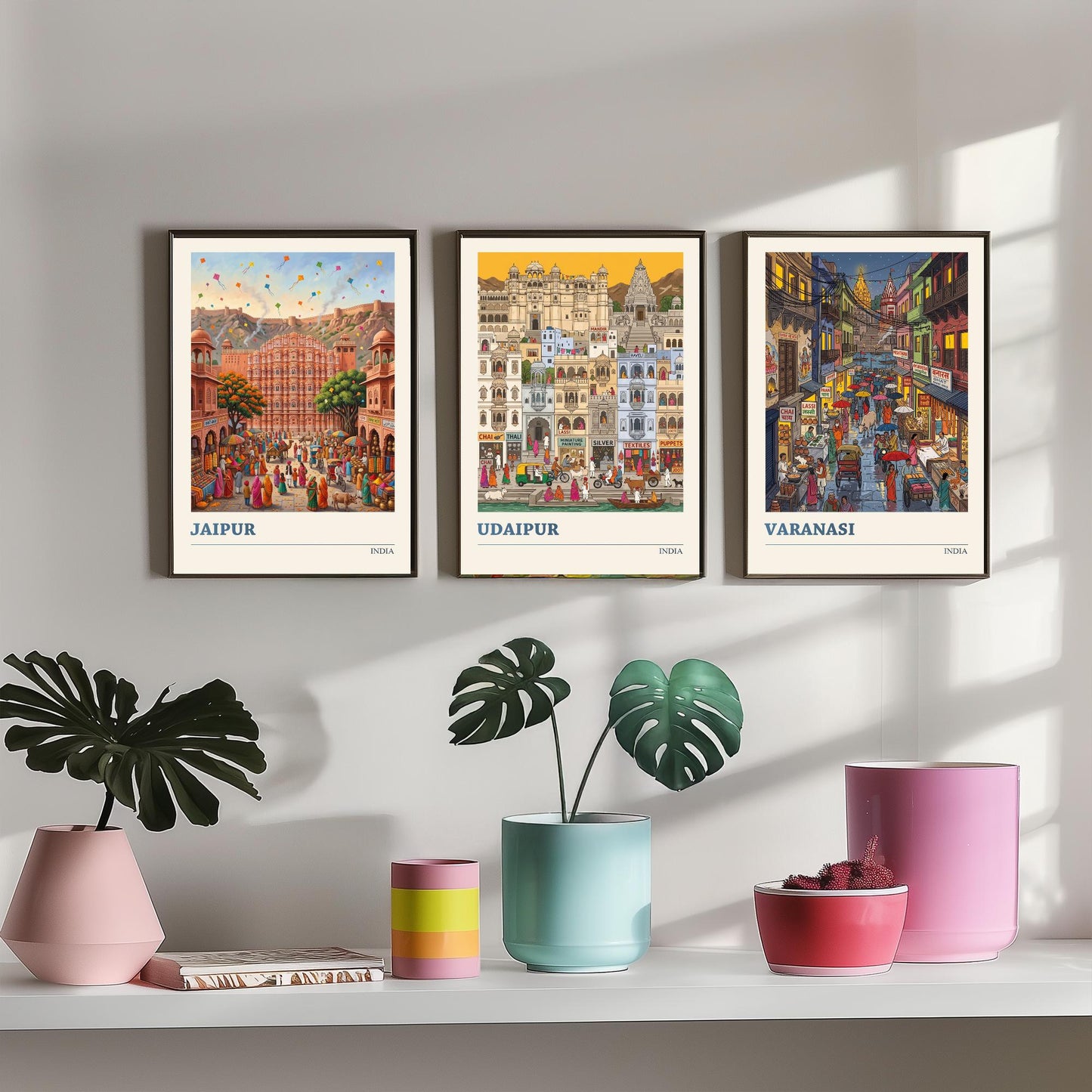 India Set of Three Art Prints - Jaipur, Udaipur, Varanasi - 3 Colourful Folk Illustration Travel Posters - Indian City Painting