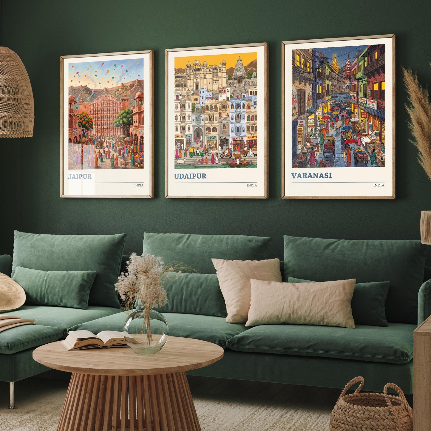 India Set of Three Art Prints - Jaipur, Udaipur, Varanasi - 3 Colourful Folk Illustration Travel Posters - Indian City Painting
