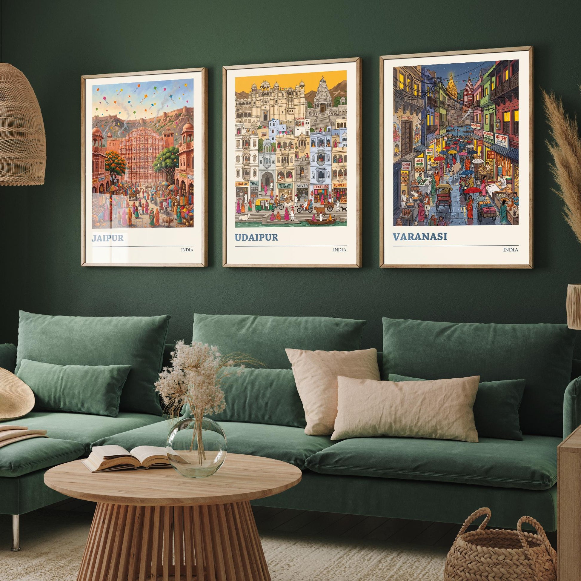 India Set of Three Art Prints - Jaipur, Udaipur, Varanasi - 3 Colourful Folk Illustration Travel Posters - Indian City Painting