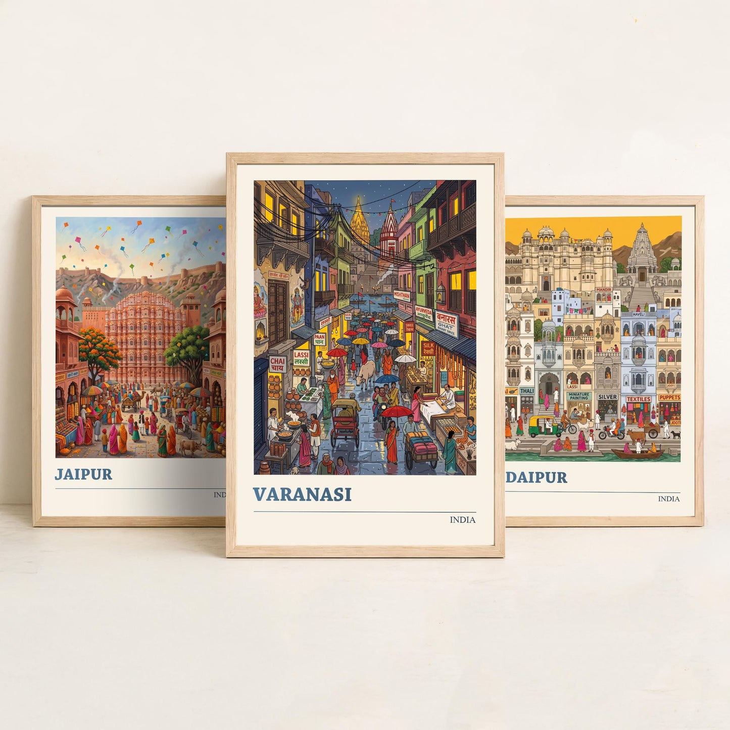 India Set of Three Art Prints - Jaipur, Udaipur, Varanasi - 3 Colourful Folk Illustration Travel Posters - Indian City Painting