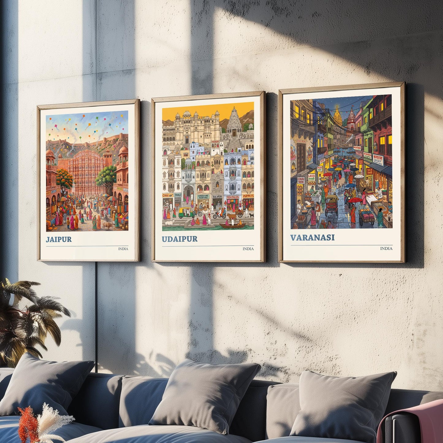 India Set of Three Art Prints - Jaipur, Udaipur, Varanasi - 3 Colourful Folk Illustration Travel Posters - Indian City Painting