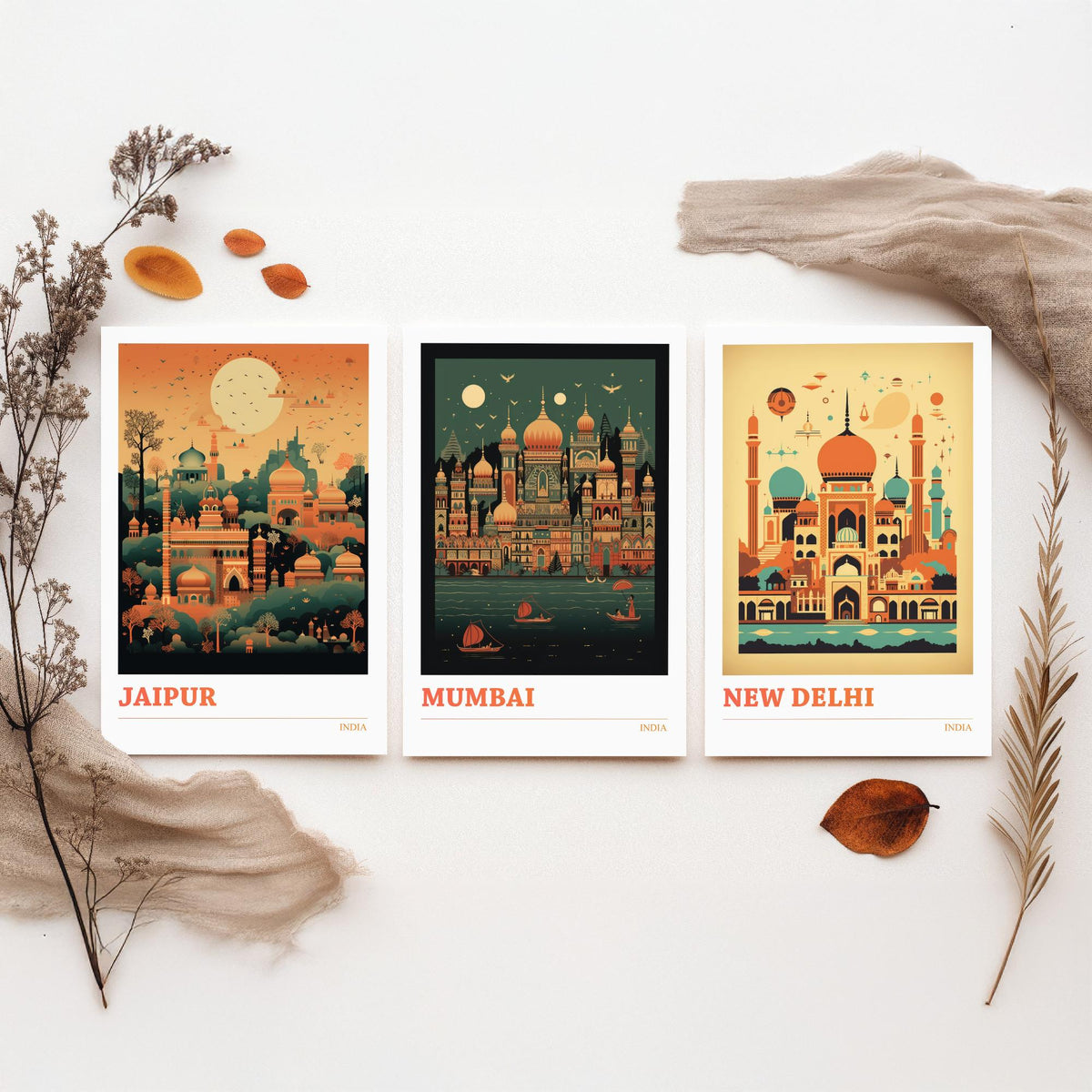 India Travel Posters Set of Three Art Prints - Jaipur, Mumbai, New Delhi - Retro Mid Century Illustration