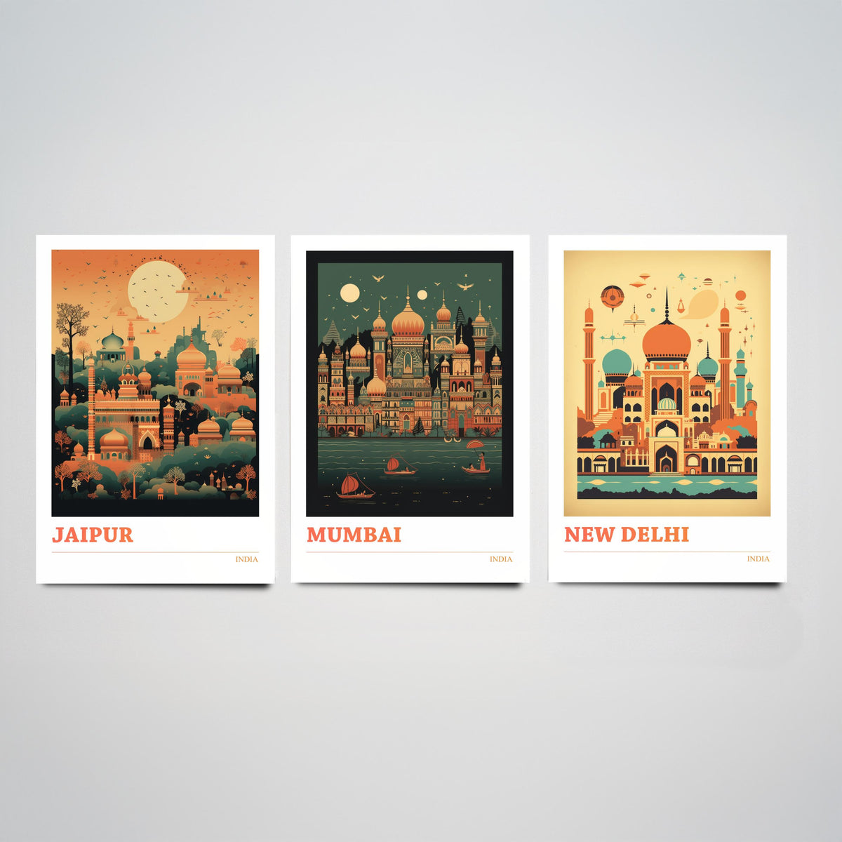 India Travel Posters Set of Three Art Prints - Jaipur, Mumbai, New Delhi - Retro Mid Century Illustration