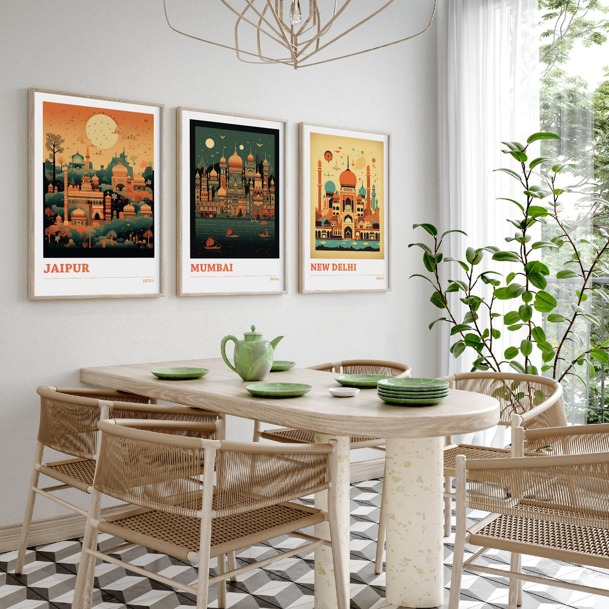 India Travel Posters Set of Three Art Prints - Jaipur, Mumbai, New Delhi - Retro Mid Century Illustration