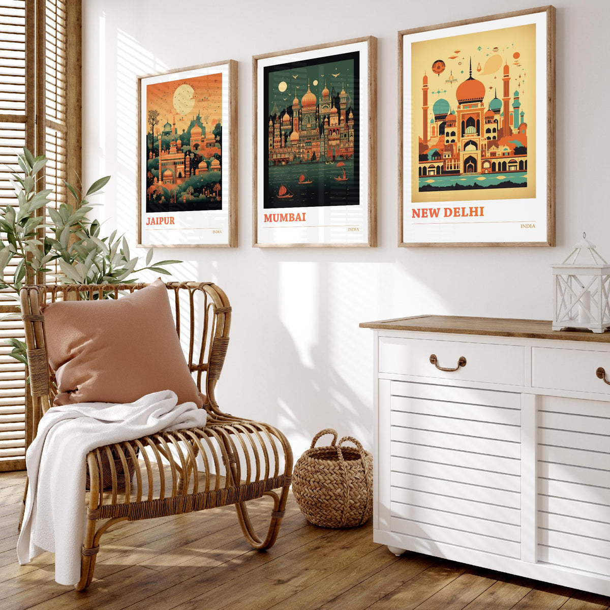 India Travel Posters Set of Three Art Prints - Jaipur, Mumbai, New Delhi - Retro Mid Century Illustration