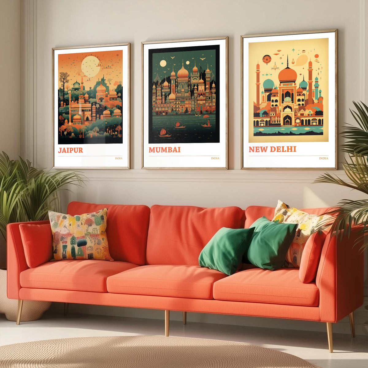 India Travel Posters Set of Three Art Prints - Jaipur, Mumbai, New Delhi - Retro Mid Century Illustration