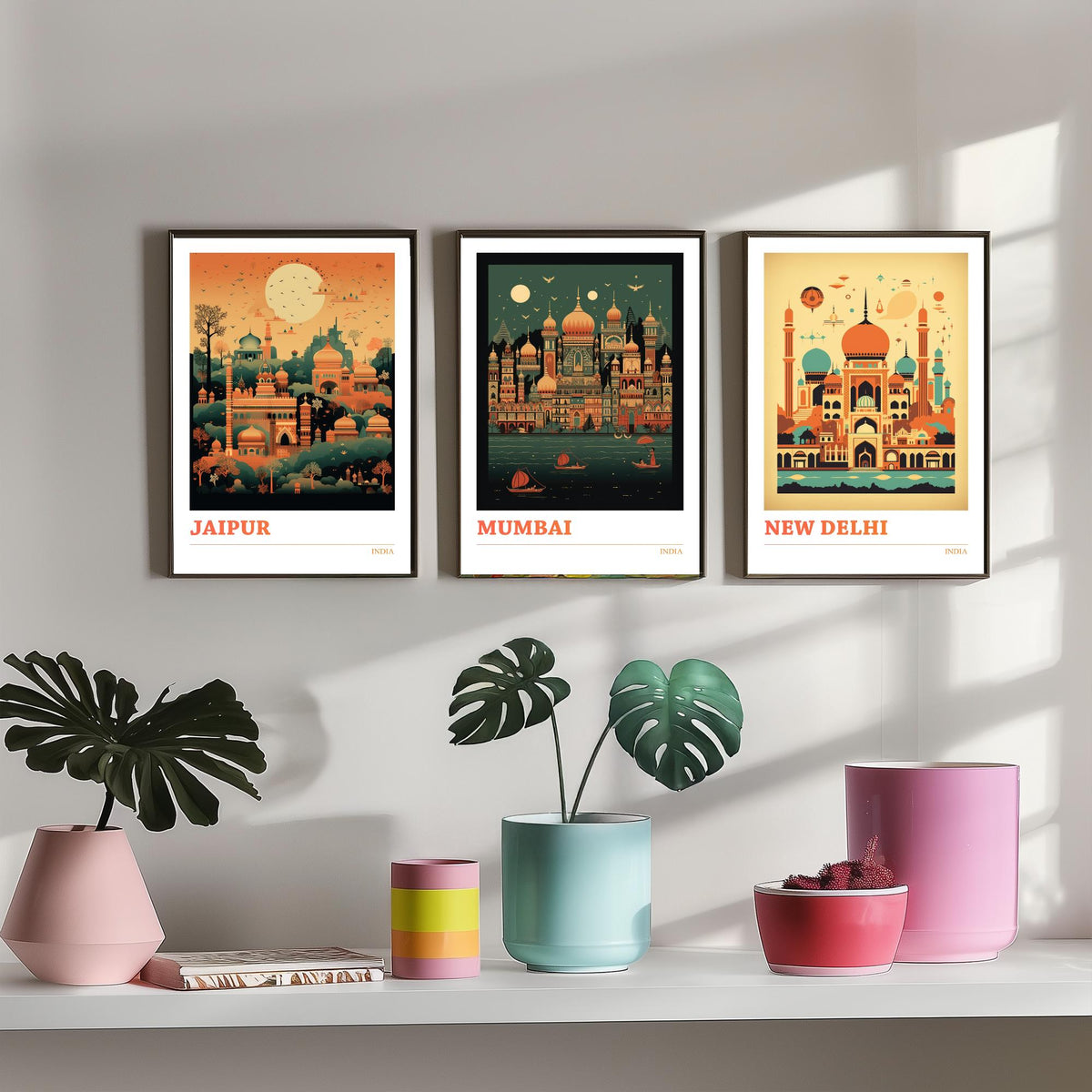 India Travel Posters Set of Three Art Prints - Jaipur, Mumbai, New Delhi - Retro Mid Century Illustration