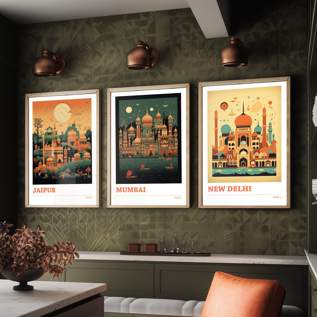 India Travel Posters Set of Three Art Prints - Jaipur, Mumbai, New Delhi - Retro Mid Century Illustration
