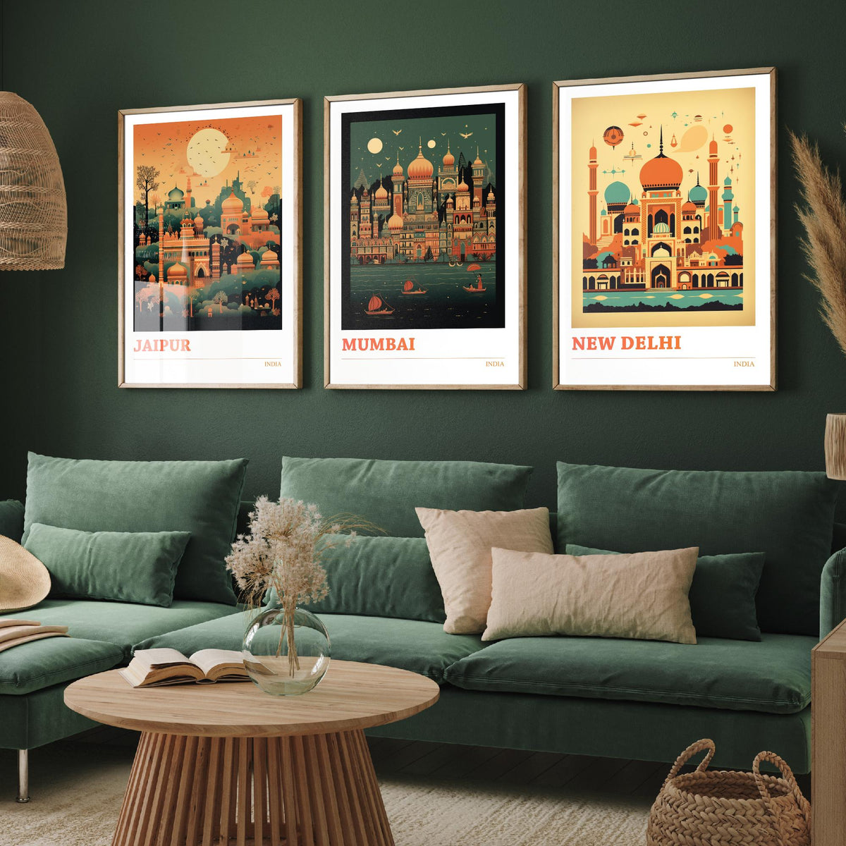 India Travel Posters Set of Three Art Prints - Jaipur, Mumbai, New Delhi - Retro Mid Century Illustration