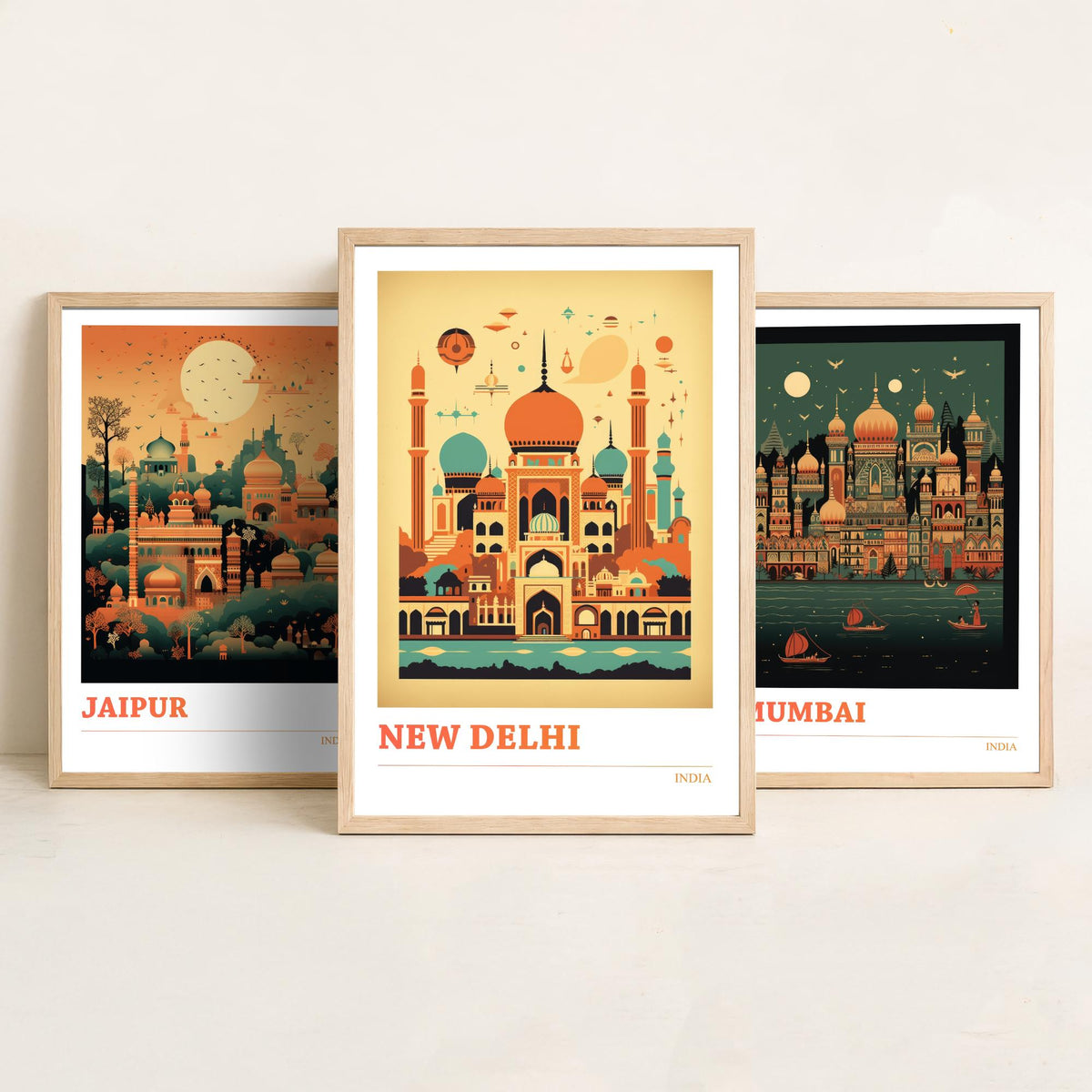 India Travel Posters Set of Three Art Prints - Jaipur, Mumbai, New Delhi - Retro Mid Century Illustration