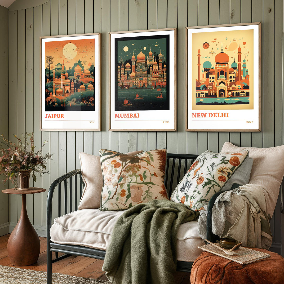 India Travel Posters Set of Three Art Prints - Jaipur, Mumbai, New Delhi - Retro Mid Century Illustration