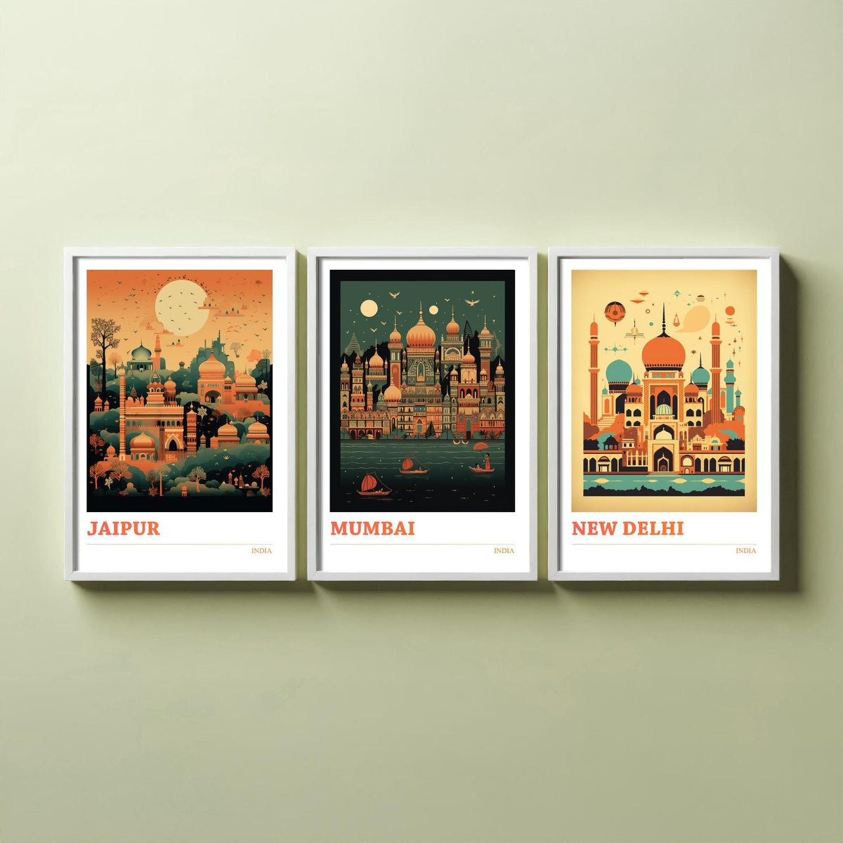 India Travel Posters Set of Three Art Prints - Jaipur, Mumbai, New Delhi - Retro Mid Century Illustration