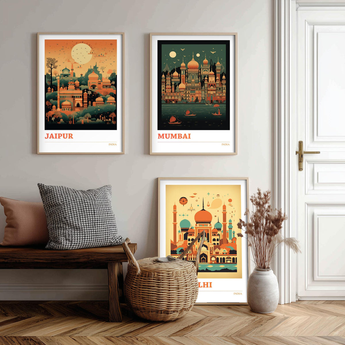 India Travel Posters Set of Three Art Prints - Jaipur, Mumbai, New Delhi - Retro Mid Century Illustration