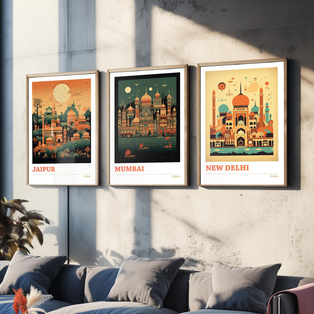 India Travel Posters Set of Three Art Prints - Jaipur, Mumbai, New Delhi - Retro Mid Century Illustration