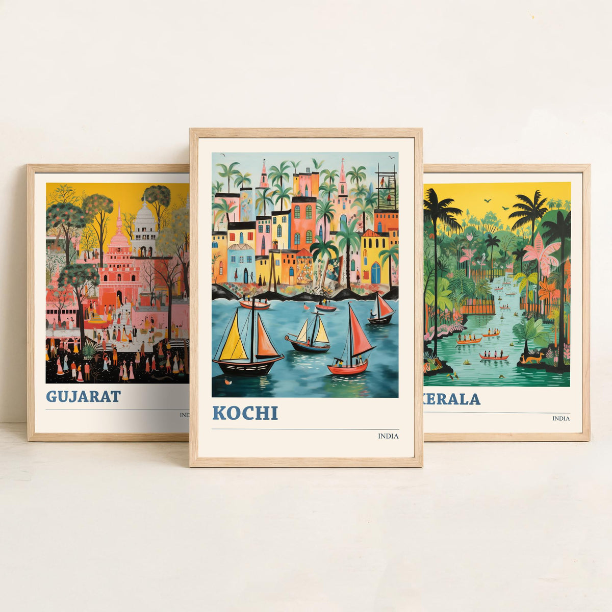 India Set of Three Travel Posters - Gujarat Kerala Kochi - 3 Folk Art Prints Painting Illustration Gift Colourful Indian City Decor