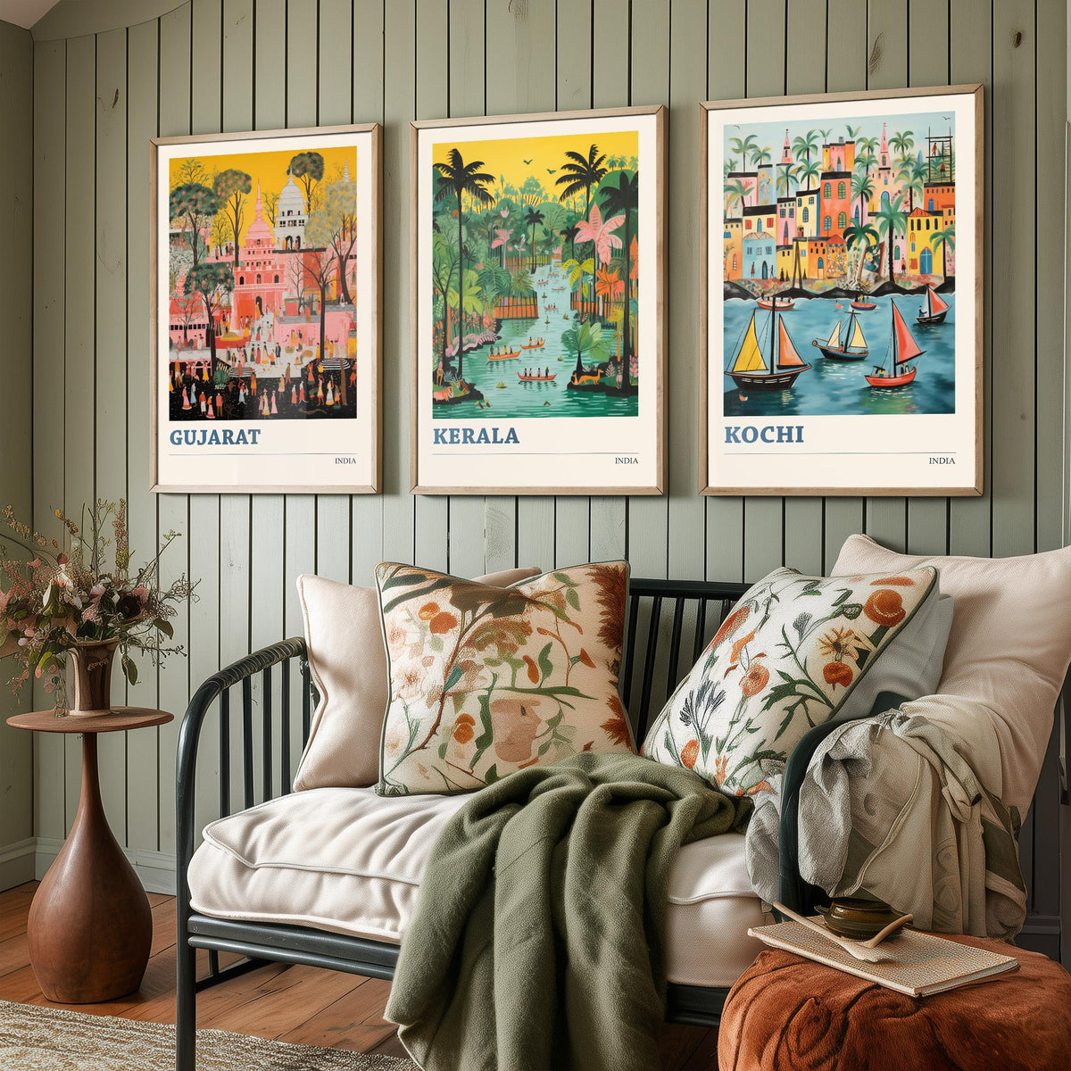 India Set of Three Travel Posters - Gujarat Kerala Kochi - 3 Folk Art Prints Painting Illustration Gift Colourful Indian City Decor