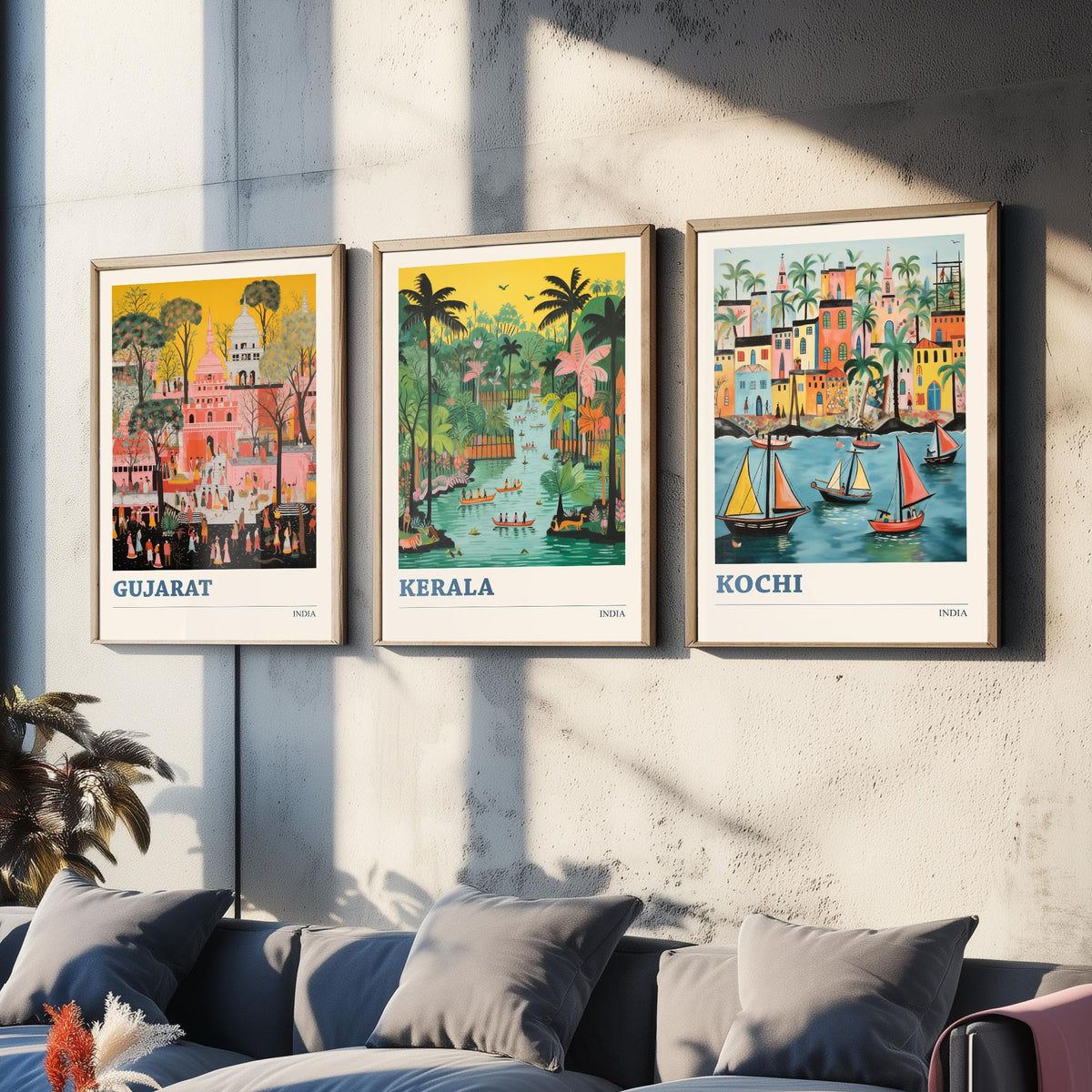 India Set of Three Travel Posters - Gujarat Kerala Kochi - 3 Folk Art Prints Painting Illustration Gift Colourful Indian City Decor