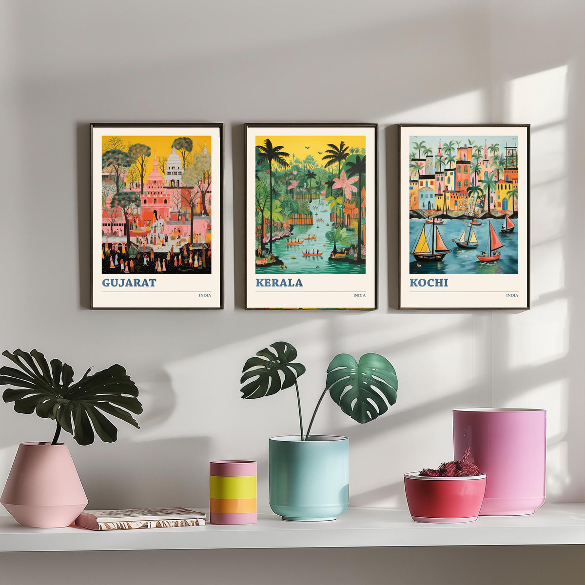 India Set of Three Travel Posters - Gujarat Kerala Kochi - 3 Folk Art Prints Painting Illustration Gift Colourful Indian City Decor