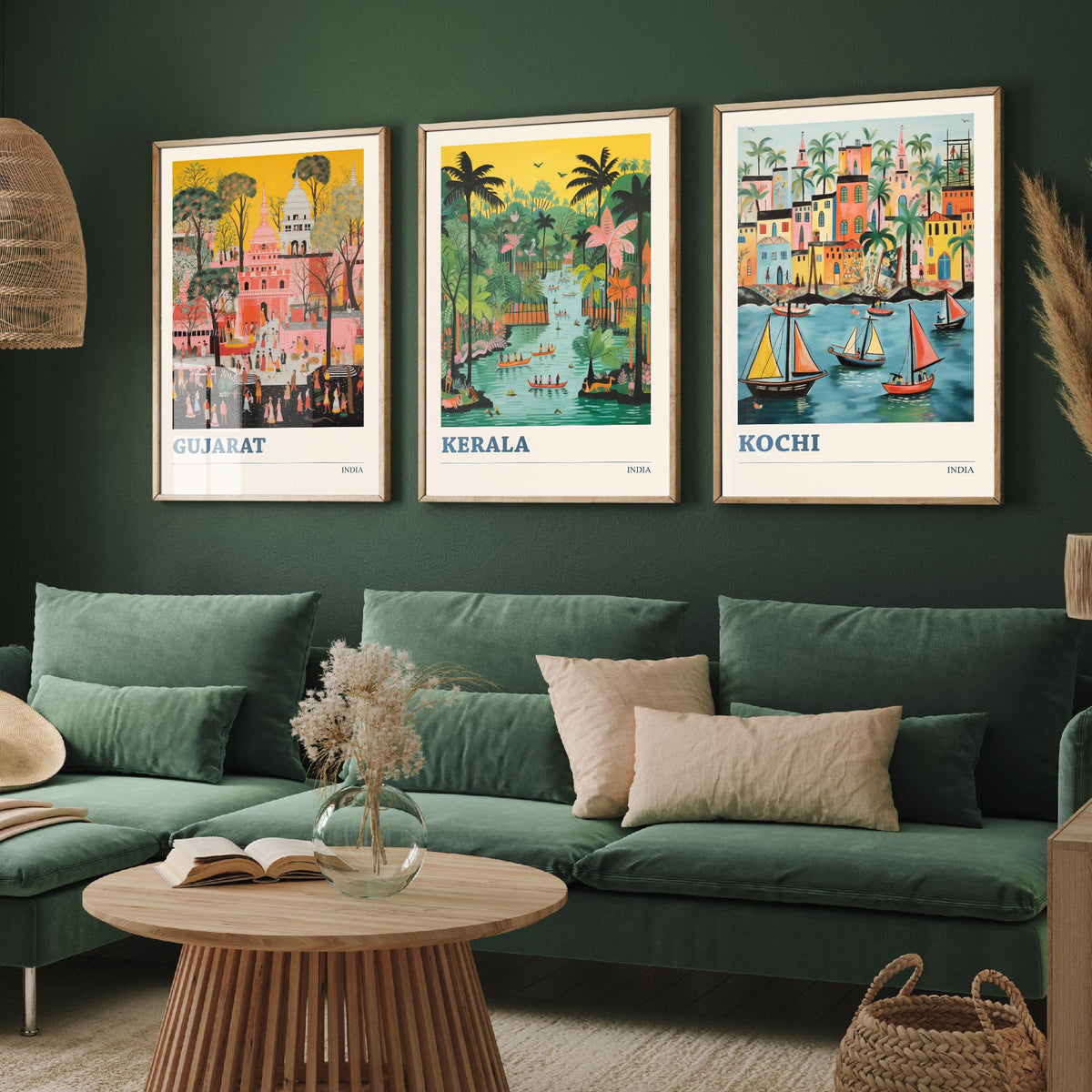 India Set of Three Travel Posters - Gujarat Kerala Kochi - 3 Folk Art Prints Painting Illustration Gift Colourful Indian City Decor