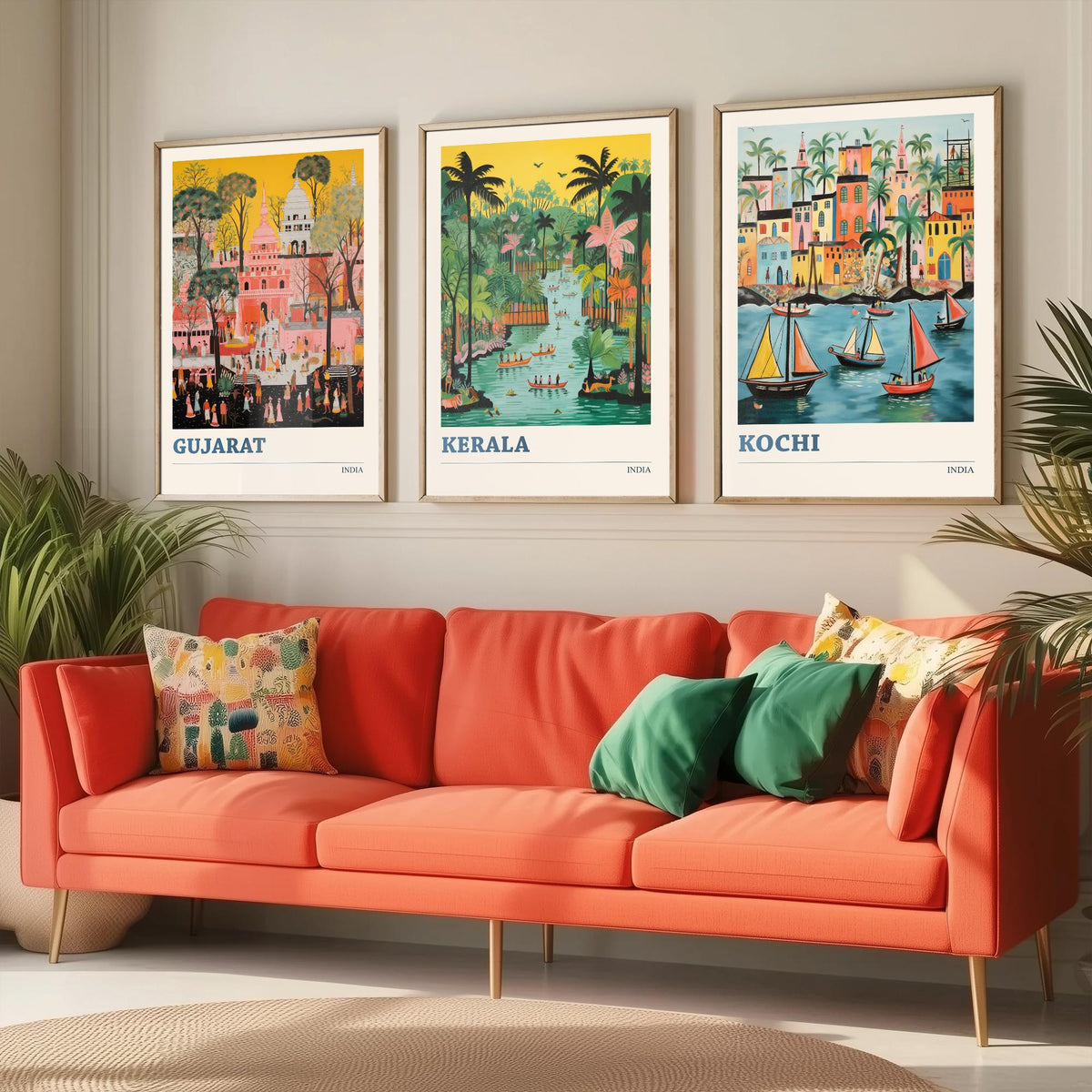 India Set of Three Travel Posters - Gujarat Kerala Kochi - 3 Folk Art Prints Painting Illustration Gift Colourful Indian City Decor