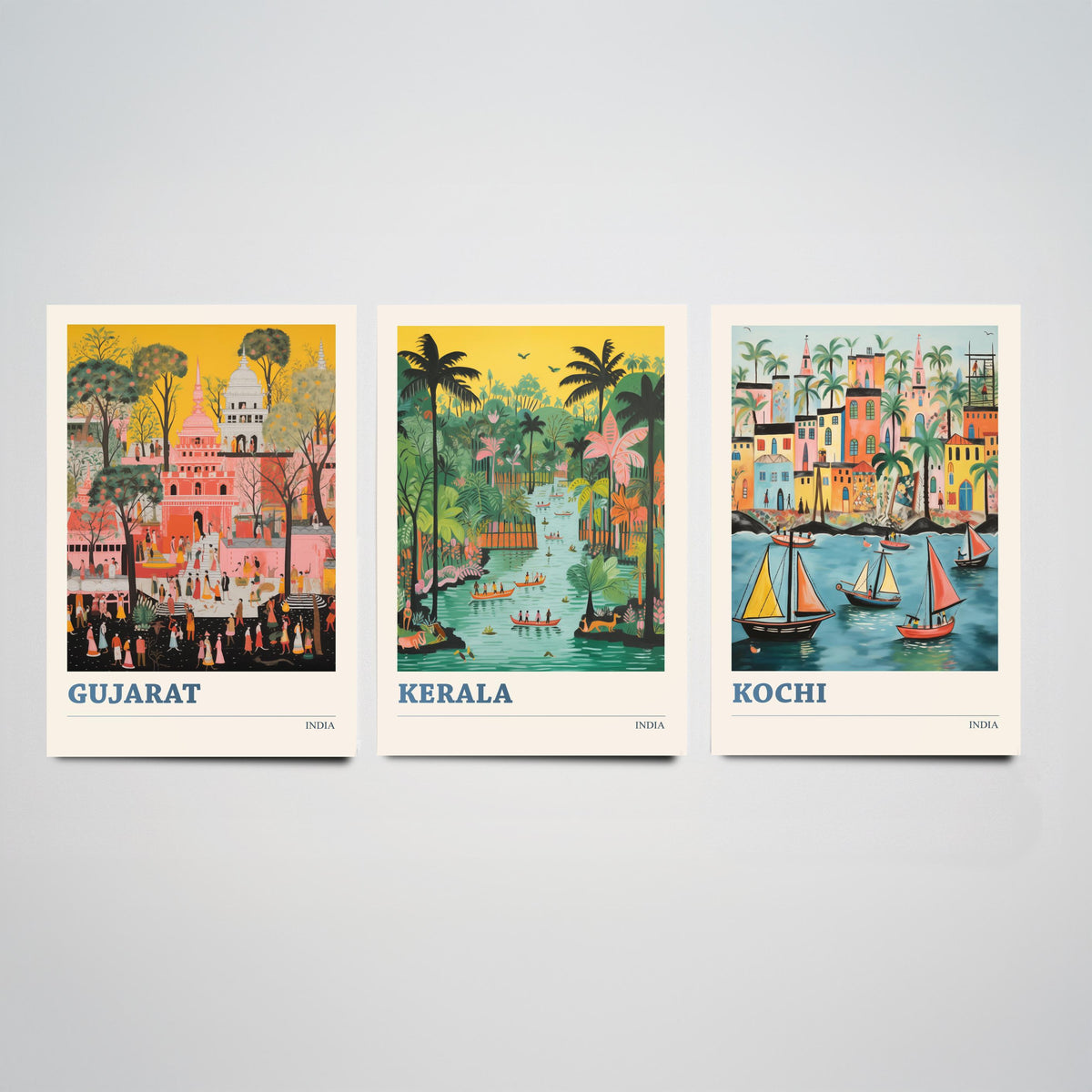 India Set of Three Travel Posters - Gujarat Kerala Kochi - 3 Folk Art Prints Painting Illustration Gift Colourful Indian City Decor