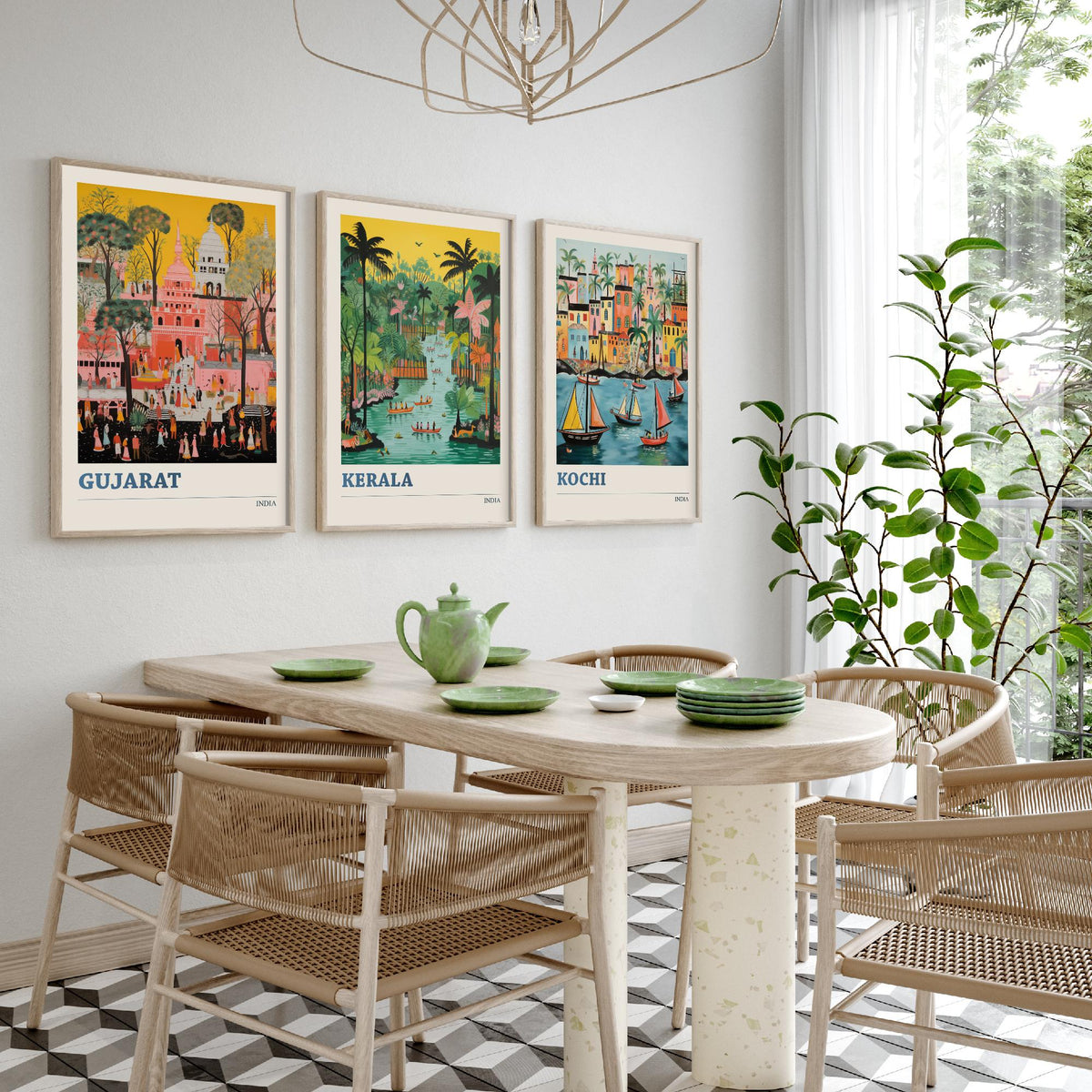 India Set of Three Travel Posters - Gujarat Kerala Kochi - 3 Folk Art Prints Painting Illustration Gift Colourful Indian City Decor