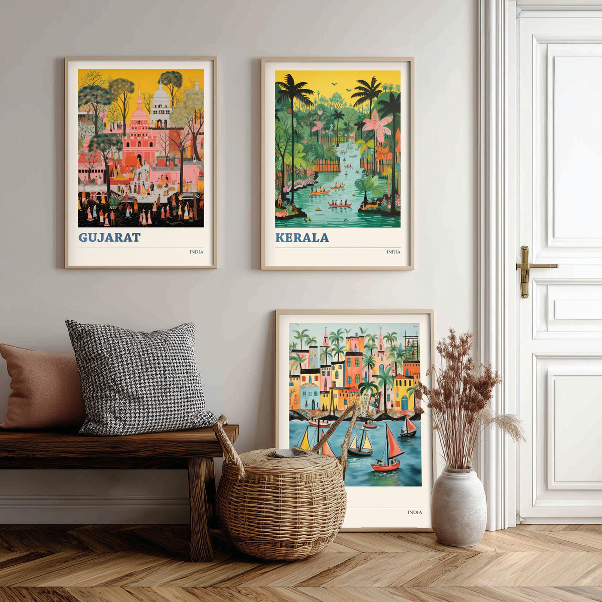 India Set of Three Travel Posters - Gujarat Kerala Kochi - 3 Folk Art Prints Painting Illustration Gift Colourful Indian City Decor
