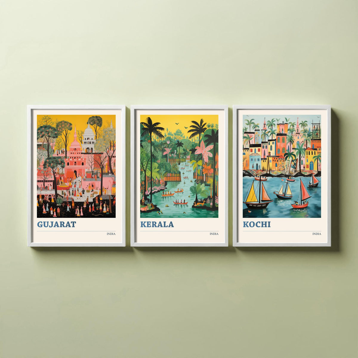 India Set of Three Travel Posters - Gujarat Kerala Kochi - 3 Folk Art Prints Painting Illustration Gift Colourful Indian City Decor