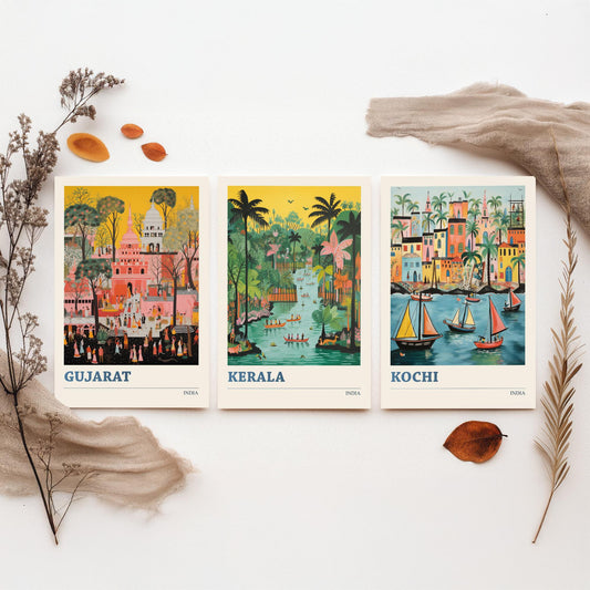 India Set of Three Travel Posters - Gujarat Kerala Kochi - 3 Folk Art Prints Painting Illustration Gift Colourful Indian City Decor