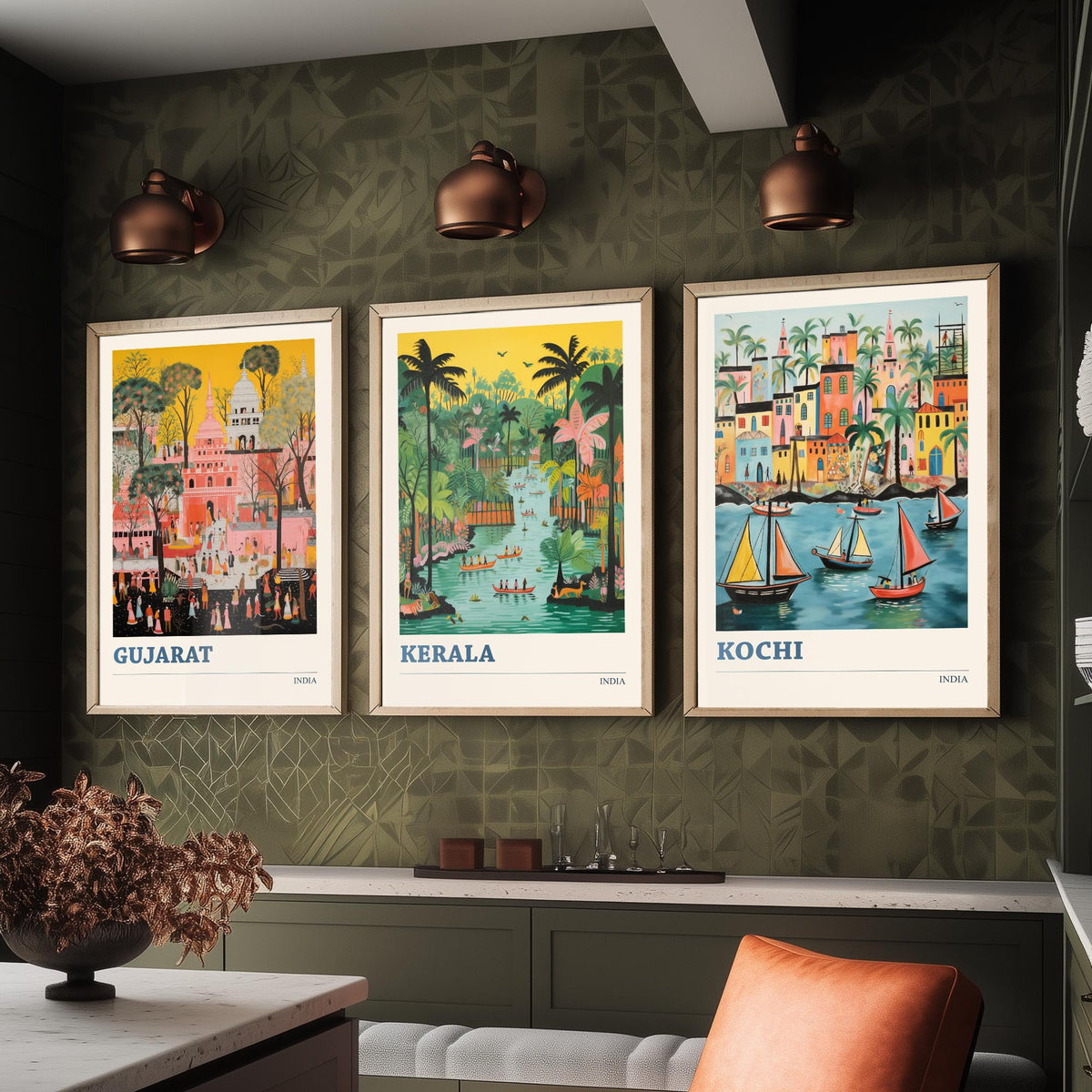 India Set of Three Travel Posters - Gujarat Kerala Kochi - 3 Folk Art Prints Painting Illustration Gift Colourful Indian City Decor