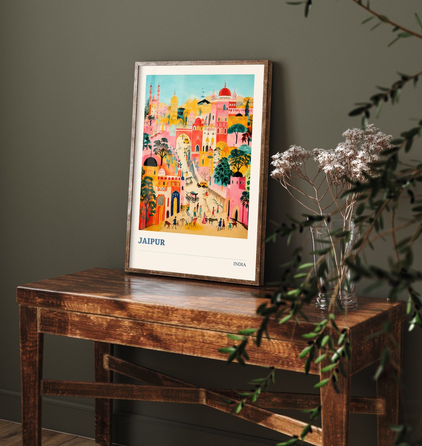 Jaipur Travel Poster - India Art Print - Vibrant City Illustration - Pink City Folk Art V2 1/3