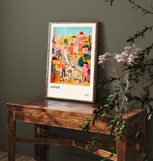 Jaipur Travel Poster - India Art Print - Vibrant City Illustration - Pink City Folk Art V2 1/3