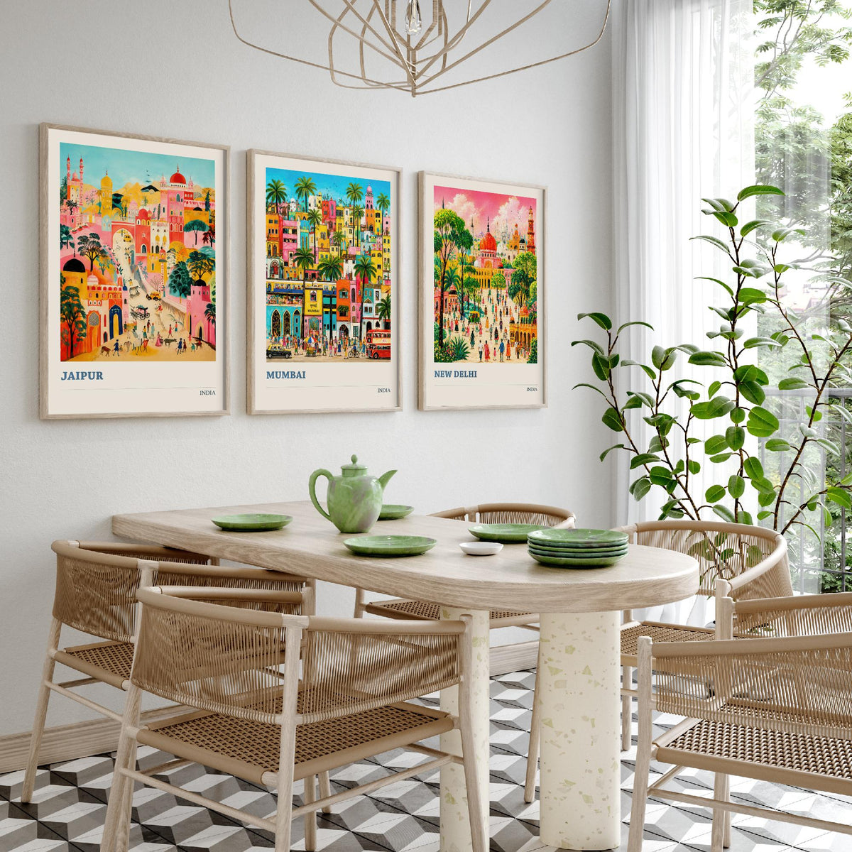 India Set of Three Travel Posters - Jaipur Mumbai New Delhi - 3 Folk Art Prints Painting Illustration Gift Colourful City Decor V2