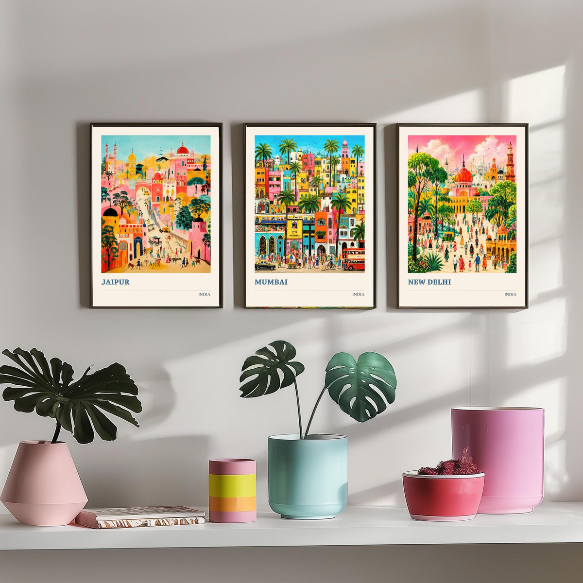 India Set of Three Travel Posters - Jaipur Mumbai New Delhi - 3 Folk Art Prints Painting Illustration Gift Colourful City Decor V2