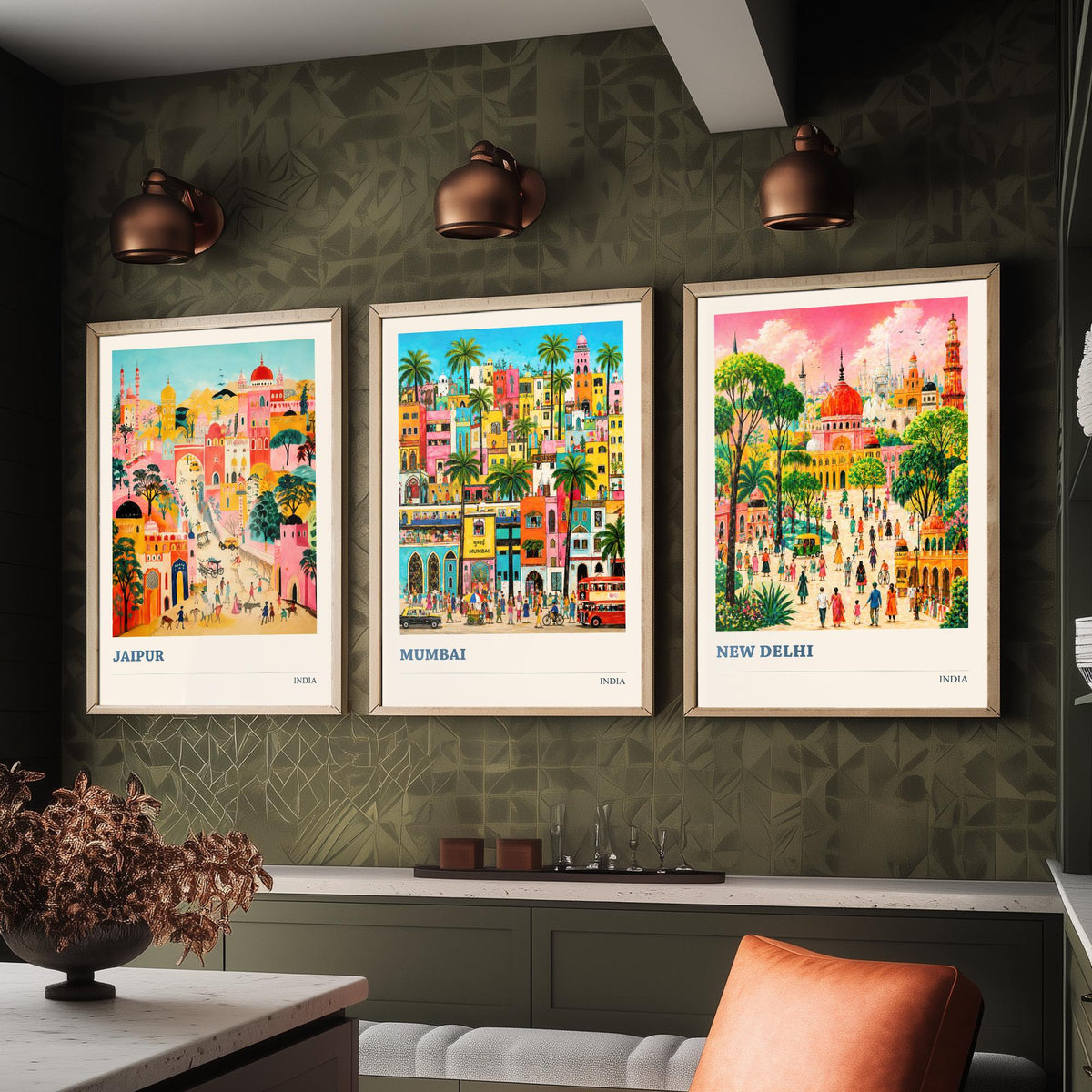 India Set of Three Travel Posters - Jaipur Mumbai New Delhi - 3 Folk Art Prints Painting Illustration Gift Colourful City Decor V2