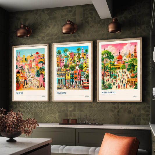 India Set of Three Travel Posters - Jaipur Mumbai New Delhi - 3 Folk Art Prints Painting Illustration Gift Colourful City Decor V2