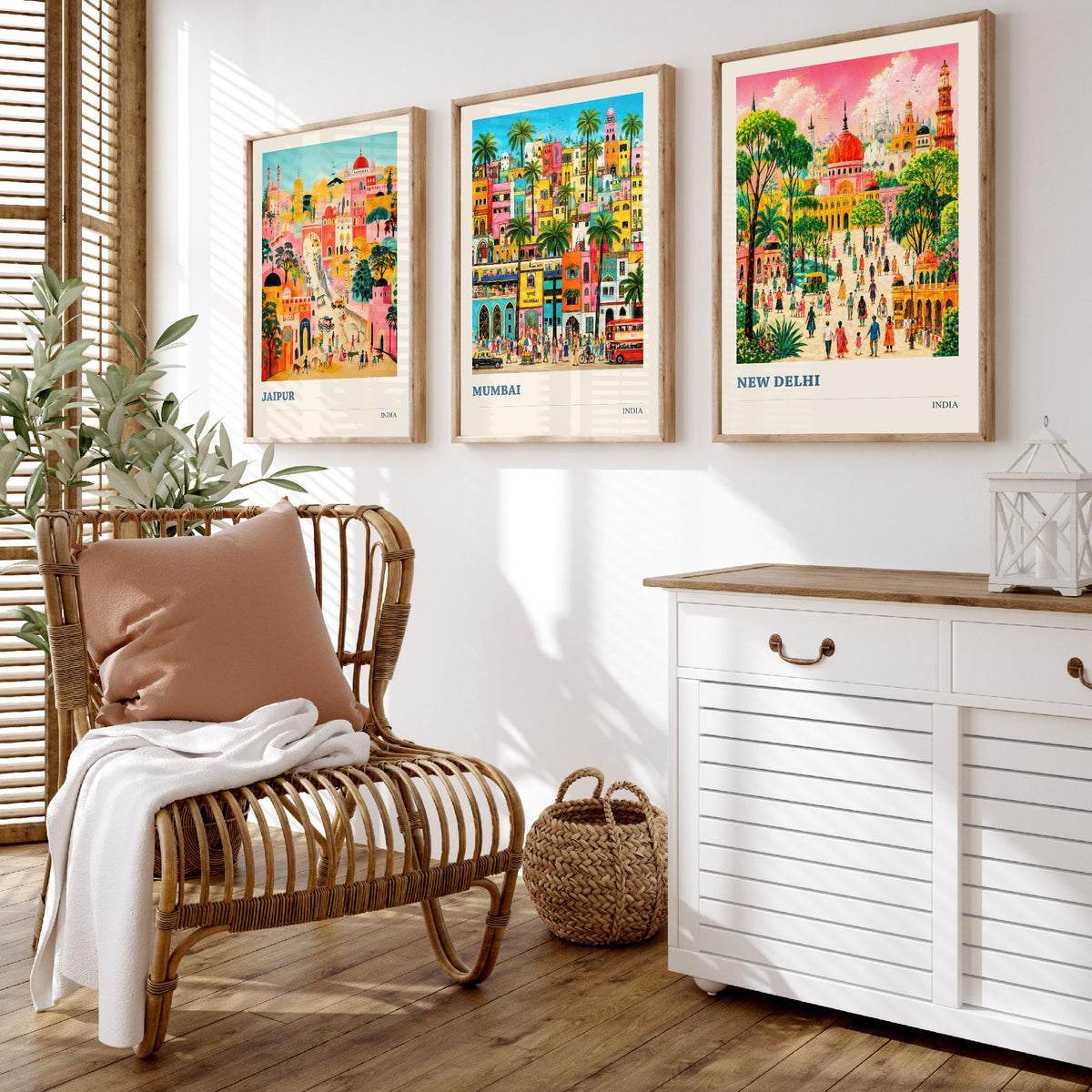 India Set of Three Travel Posters - Jaipur Mumbai New Delhi - 3 Folk Art Prints Painting Illustration Gift Colourful City Decor V2