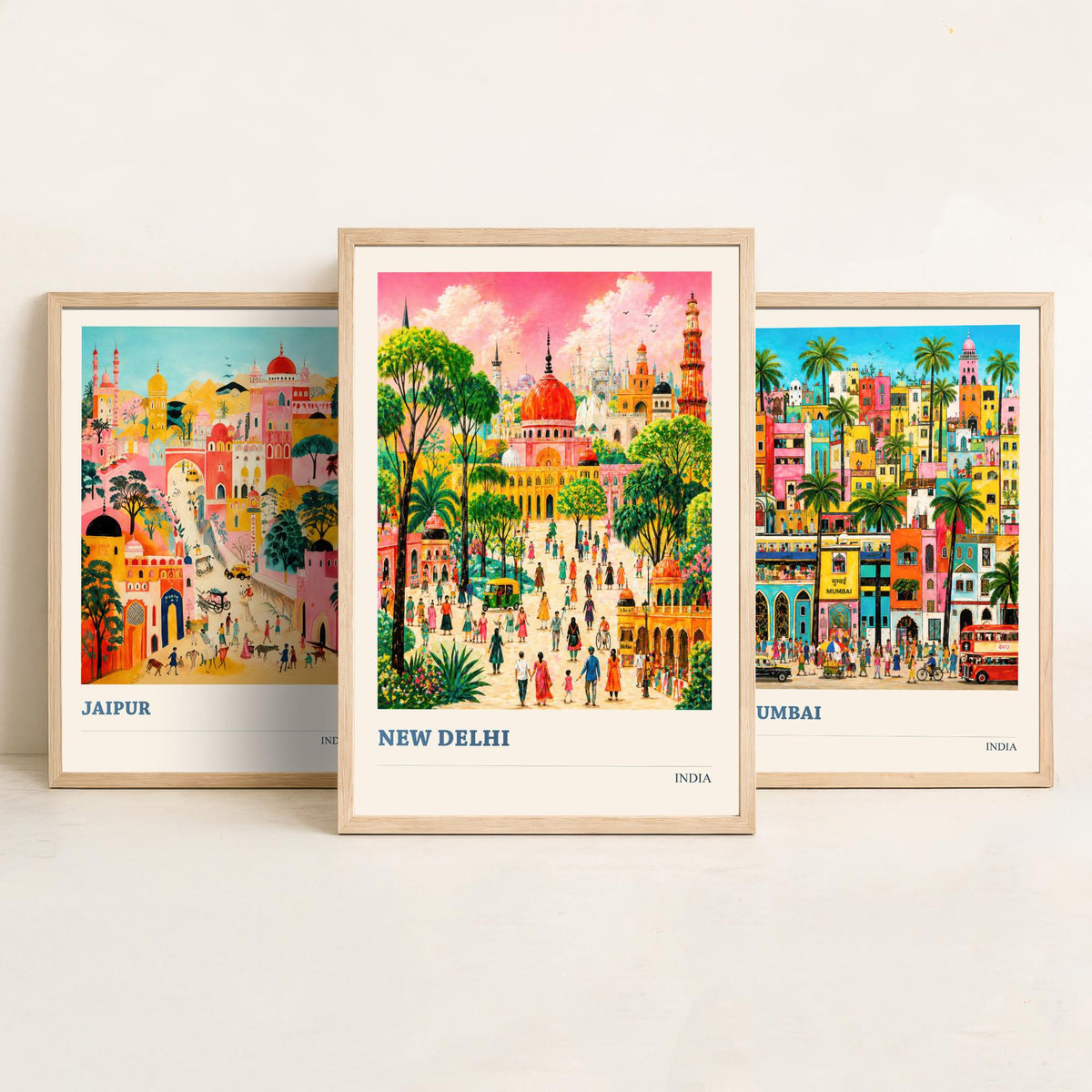 India Set of Three Travel Posters - Jaipur Mumbai New Delhi - 3 Folk Art Prints Painting Illustration Gift Colourful City Decor V2