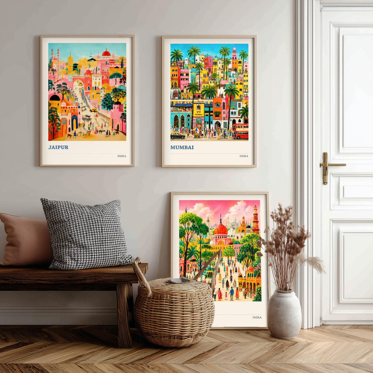 India Set of Three Travel Posters - Jaipur Mumbai New Delhi - 3 Folk Art Prints Painting Illustration Gift Colourful City Decor V2