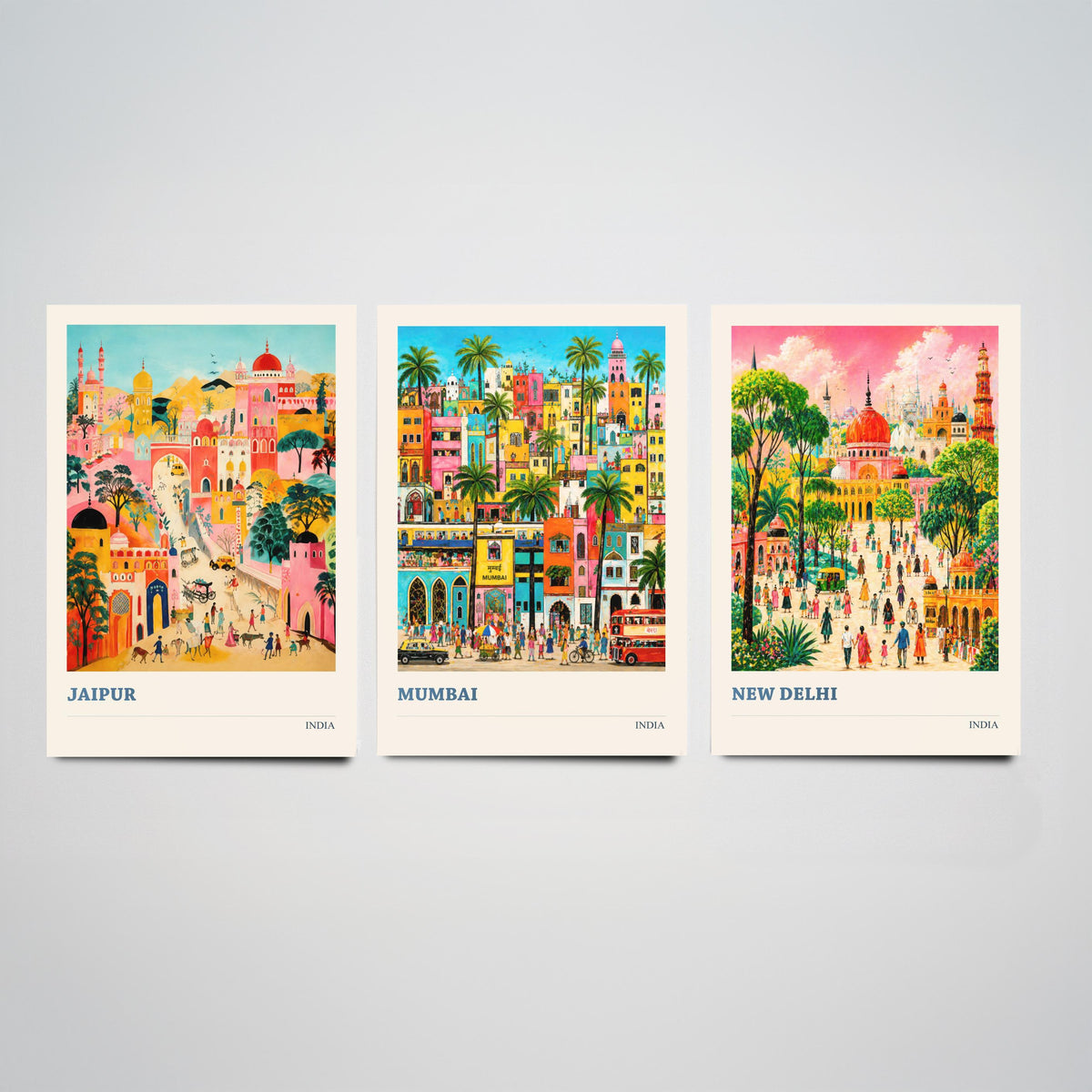 India Set of Three Travel Posters - Jaipur Mumbai New Delhi - 3 Folk Art Prints Painting Illustration Gift Colourful City Decor V2