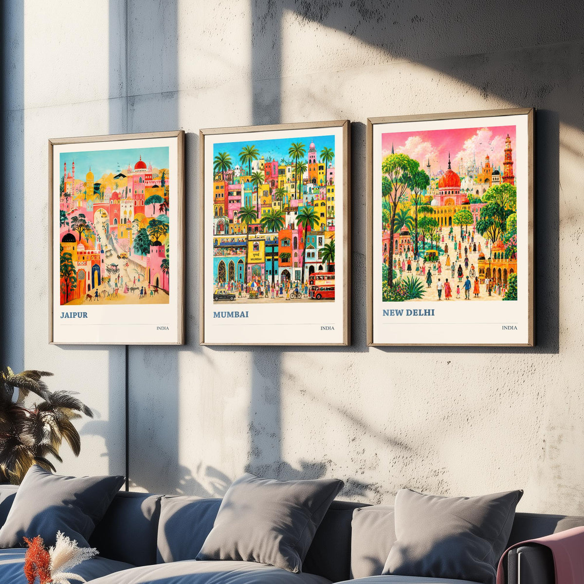India Set of Three Travel Posters - Jaipur Mumbai New Delhi - 3 Folk Art Prints Painting Illustration Gift Colourful City Decor V2