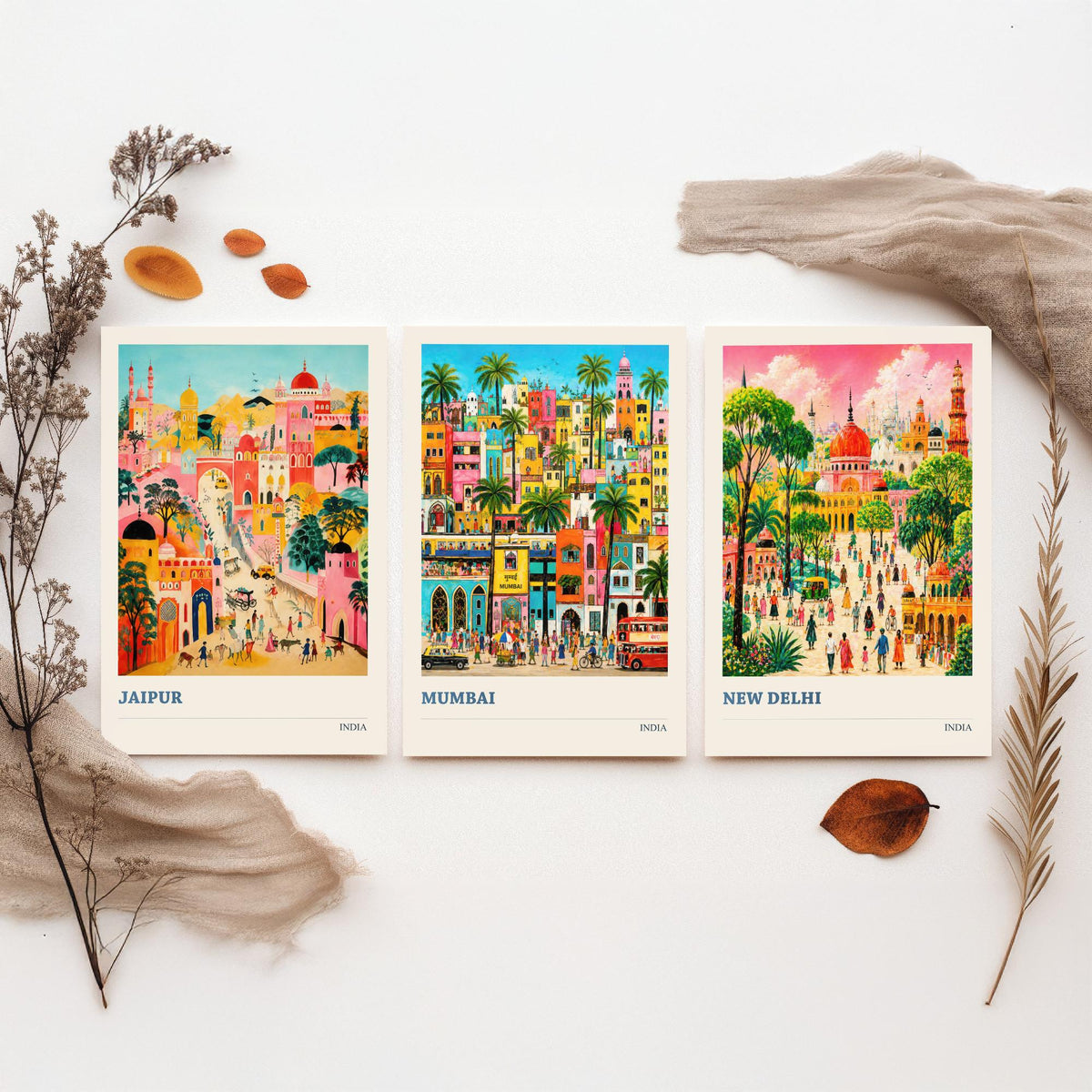 India Set of Three Travel Posters - Jaipur Mumbai New Delhi - 3 Folk Art Prints Painting Illustration Gift Colourful City Decor V2