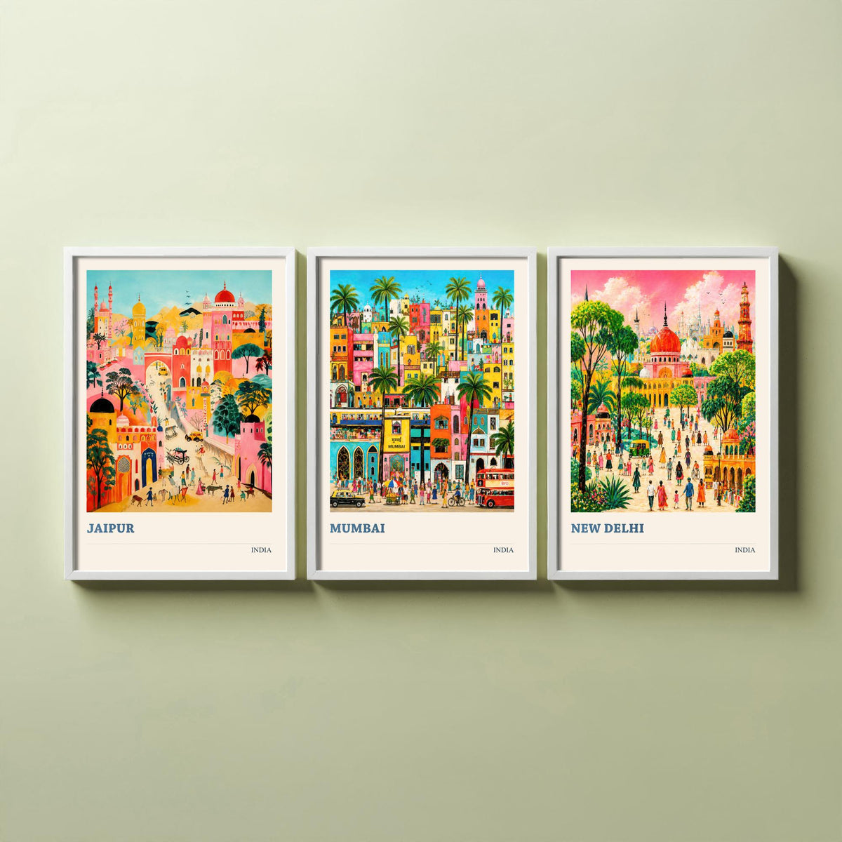 India Set of Three Travel Posters - Jaipur Mumbai New Delhi - 3 Folk Art Prints Painting Illustration Gift Colourful City Decor V2