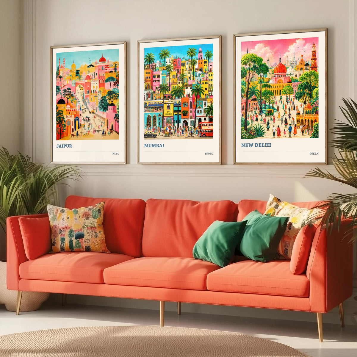 India Set of Three Travel Posters - Jaipur Mumbai New Delhi - 3 Folk Art Prints Painting Illustration Gift Colourful City Decor V2