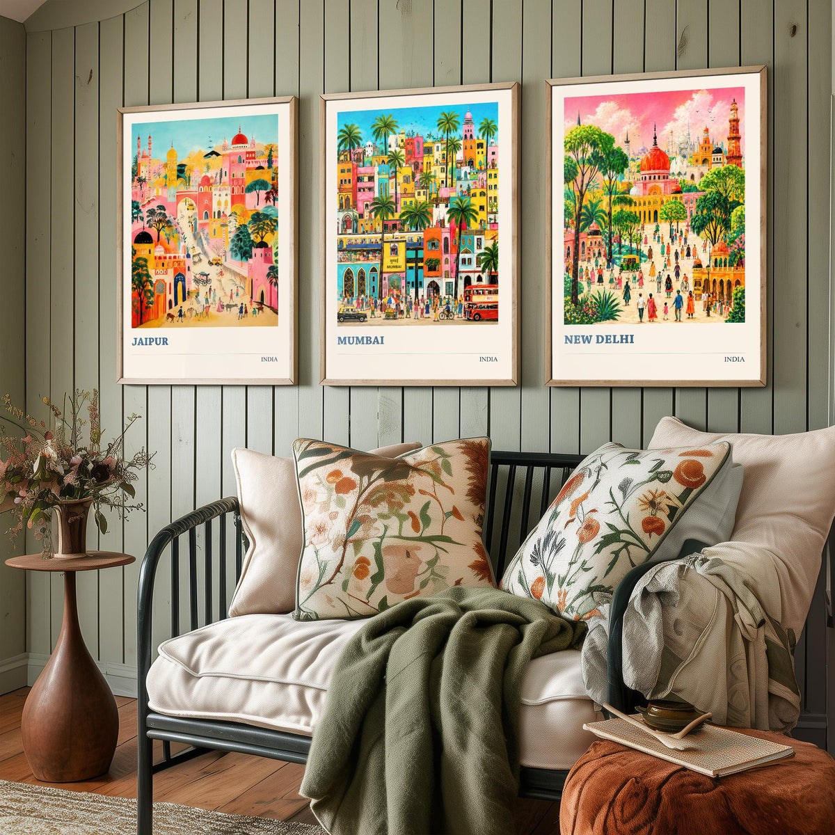 India Set of Three Travel Posters - Jaipur Mumbai New Delhi - 3 Folk Art Prints Painting Illustration Gift Colourful City Decor V2