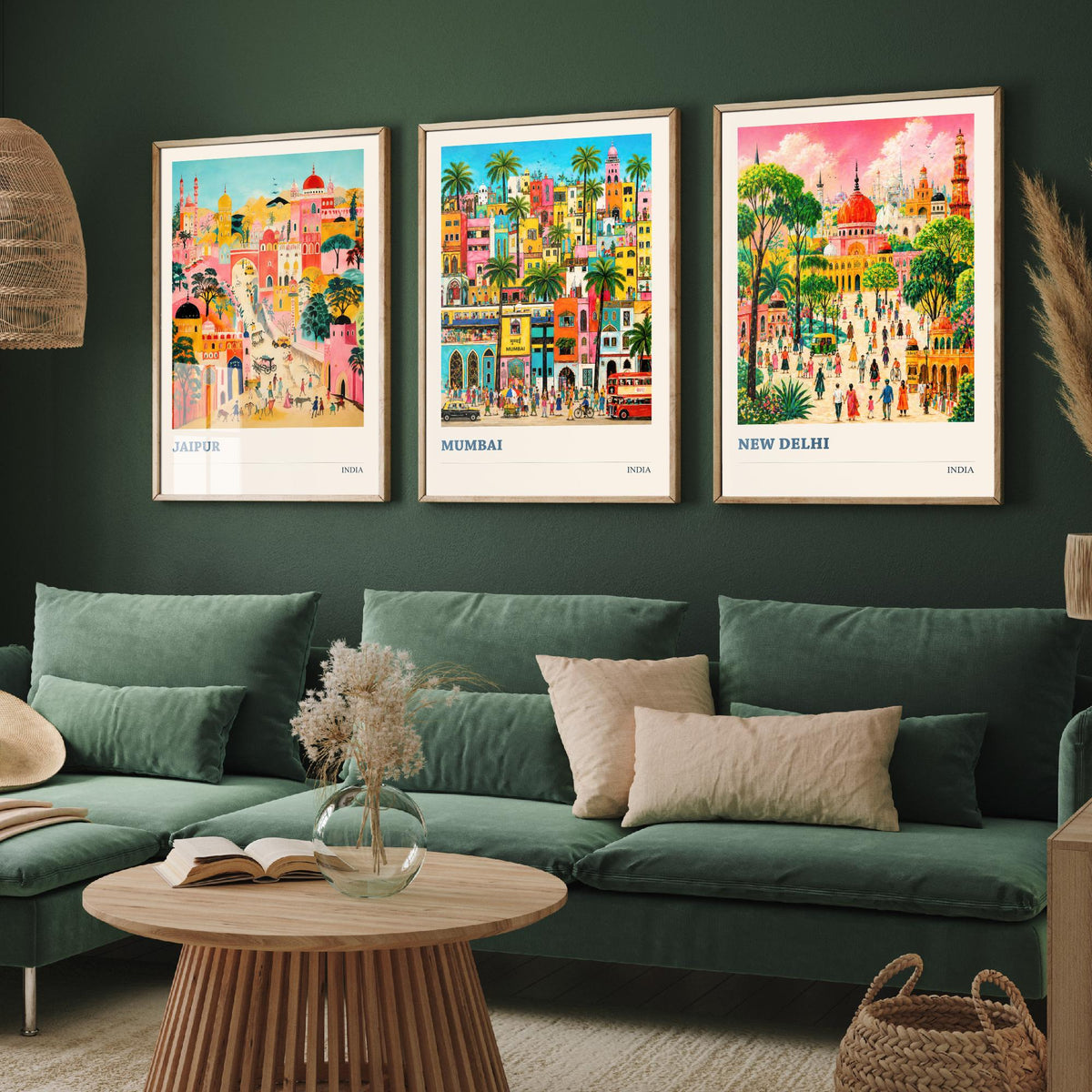India Set of Three Travel Posters - Jaipur Mumbai New Delhi - 3 Folk Art Prints Painting Illustration Gift Colourful City Decor V2